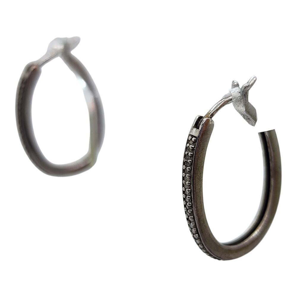 Sterling Silver Diamond Hoop Earrings Pave Set Oval Hoops Vintage Style - Picture 9 of 16